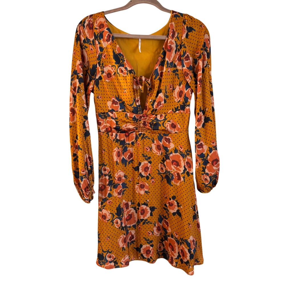 Free People Morning Light Golden Yellow Print Long Sleeve Mini Dress Size 8